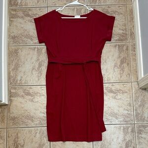 Chic Wine Midi Dress with Belt and pockets